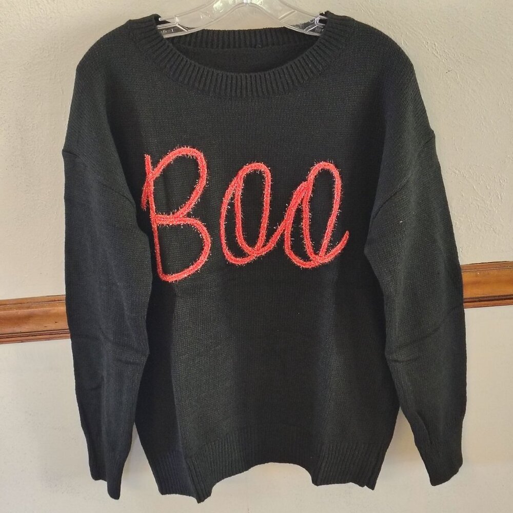 Halloween Sweater Knit Pullover Boo Glitter Design Black Medium 100% Polyester